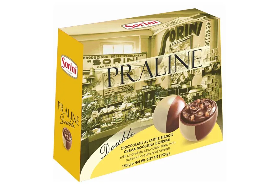 Ciocolata & Praline - SORINI Double - Praline din Ciocolata cu Lapte si Ciocolata Alba cu Crema de Alune si Cereale 150g