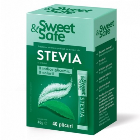 Zahăr, Miere & Îndulcitori - Indulcitor Natural fara Calorii pe baza de Extract de Stevia SAFE & SWEET 40Plicuri