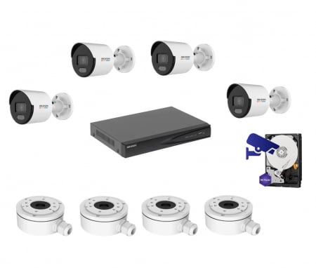 Kit supraveghere - Kit 4 camere de supraveghere ColorVU IP POE Hikvision 5MP IR 30m, NVR 4 CANALE Hikvision 8MP,PoE, HDD 1TB WD si accesorii