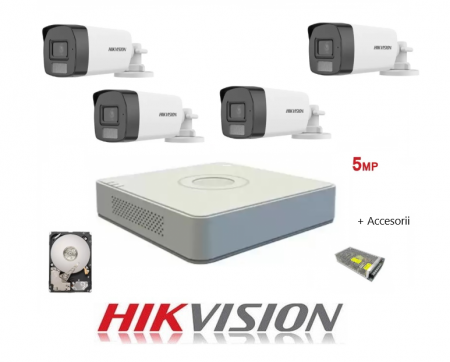 Kit supraveghere Hikvision - Kit complet 4 camere de supraveghere Hikvision 5MP IR 40m, WL 40m, DVR 4 CANALE Hikvision 5MP, HDD 1TB WD si accesorii complete