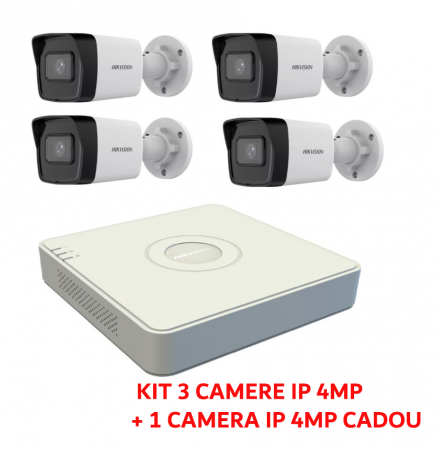 Sisteme supraveghere IP - Kit supraveghere Hikvision3 camere IP 4MP IR 30m PoE NVR 4 canale 6MP PoE