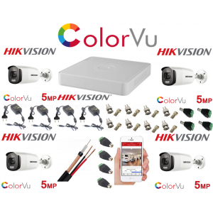 Kit supraveghere Hikvision - Sistem supraveghere profesional Hikvision Color Vu 4 camere 5MP IR40m, IP67 , full accesorii