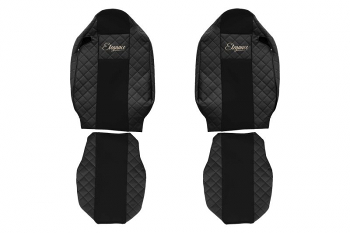 Huse scaun camion Elegance (negru, material eco-piele / velur, serie ELEGANCE, tetiera integrata pentru pasageri; tetiera soferului integrata) potrivit RENAULT T [1]