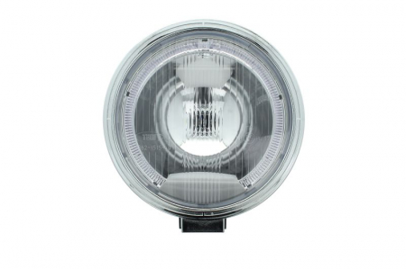 Faruri - Far universala stanga/dreapta faza lunga, H1, 12/24V, diametru 225mm, alb, plastic, negru, halogen,lumina pozitie LED, rama cromat