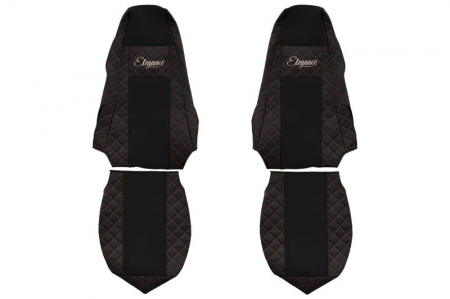 Huse scaune - Huse scaun camion Elegance (negru/rosu, material eco-piele / velur, serie ELEGANCE, tetiera integrata pentru pasageri; tetiera soferului integrata) potrivit SCANIA