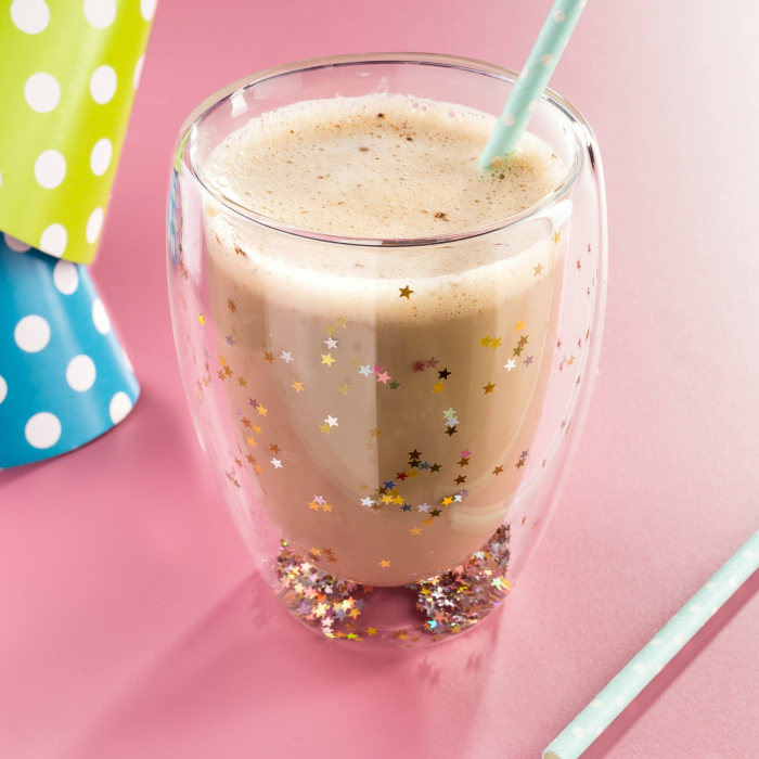 Cana cu stelute sclipitoare, din sticla borosilicata cu pereti dubli, termorezistenta, Transparenta, 360 ml, La Capsuleria [3]