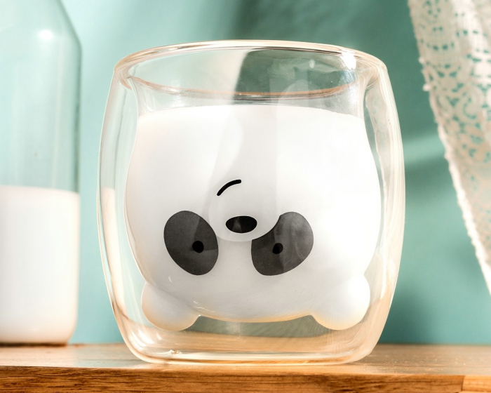 Cana, interior in forma de Ursulet Panda, din sticla borosilicata cu pereti dubli, termorezistente, transparente, 260 ml [2]