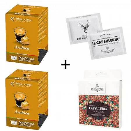 Cafea 100% Arabica, 24 capsule compatibile Cafissimo/Caffitaly/Beanz + 100 de pliculete de zahar + Filtru anticalcar, Italian Coffee