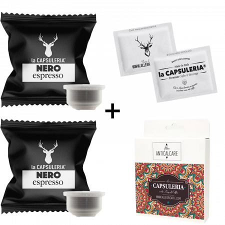 Cafea Nero Espresso, 20 capsule compatibile Capsuleria + 100 de pliculete de zahar + Filtru anticalcar, La Capsuleria