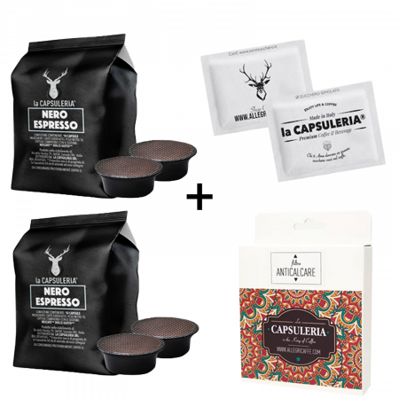 Cafea Nero Mio, 10 capsule compatibile Lavazza a Modo Mio + 100 de pliculete de zahar + Filtru Anticalcar, La Capsuleria