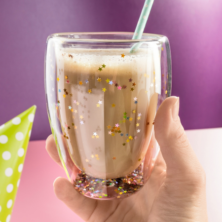 Cana cu stelute sclipitoare, din sticla borosilicata cu pereti dubli, termorezistenta, Transparenta, 360 ml, La Capsuleria [3]