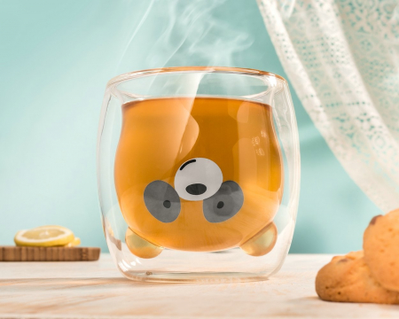 Cana, interior in forma de Ursulet Panda, din sticla borosilicata cu pereti dubli, termorezistente, transparente, 260 ml [2]