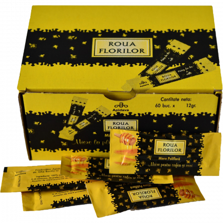 Dulceata, Miere & Crema tartinabila - Stick-uri/Plicuri miere poliflora pentru cafea si ceai, 60 buc x 12 g, Roua Florilor, Apidava