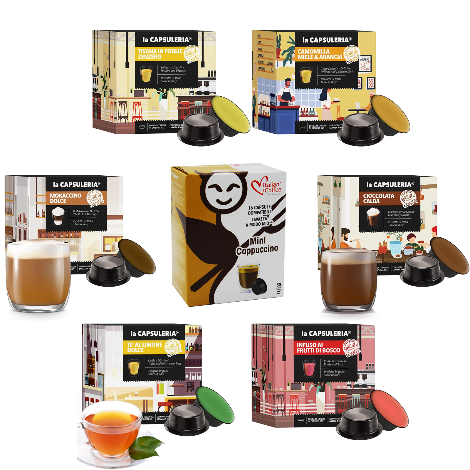 Kit degustare cafea cu arome si ceai, 112 capsule compatibile Lavazza a  Modo Mio, La Capsuleria