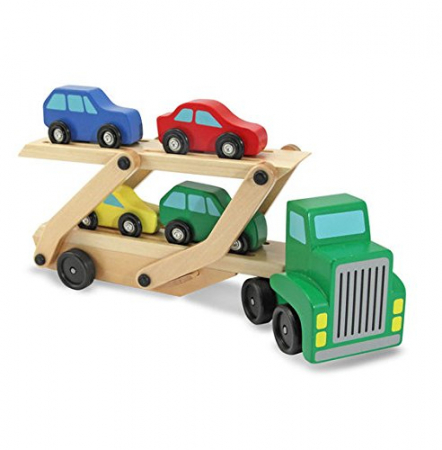 Camion din lemn cu platforma mobila si 4 masinute colorate [0]