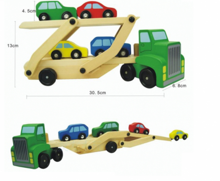 Camion din lemn cu platforma mobila si 4 masinute colorate [3]