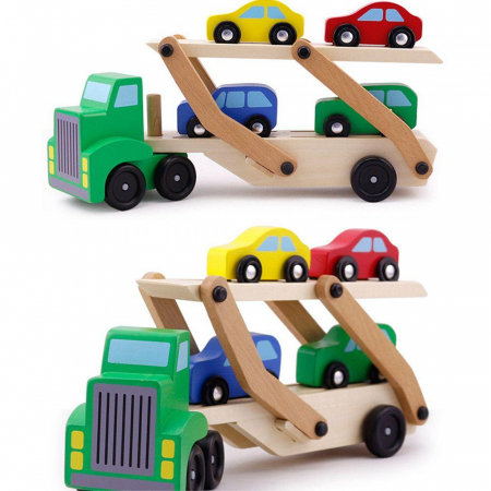 Camion din lemn cu platforma mobila si 4 masinute colorate [2]