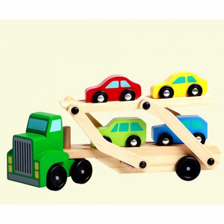 Camion din lemn cu platforma mobila si 4 masinute colorate [1]