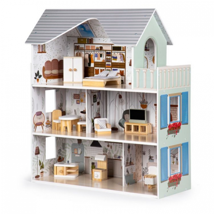 Casuta de papusi inalta din lemn cu mobilier, casuta lui Emma, Ecotoys 8301 [1]