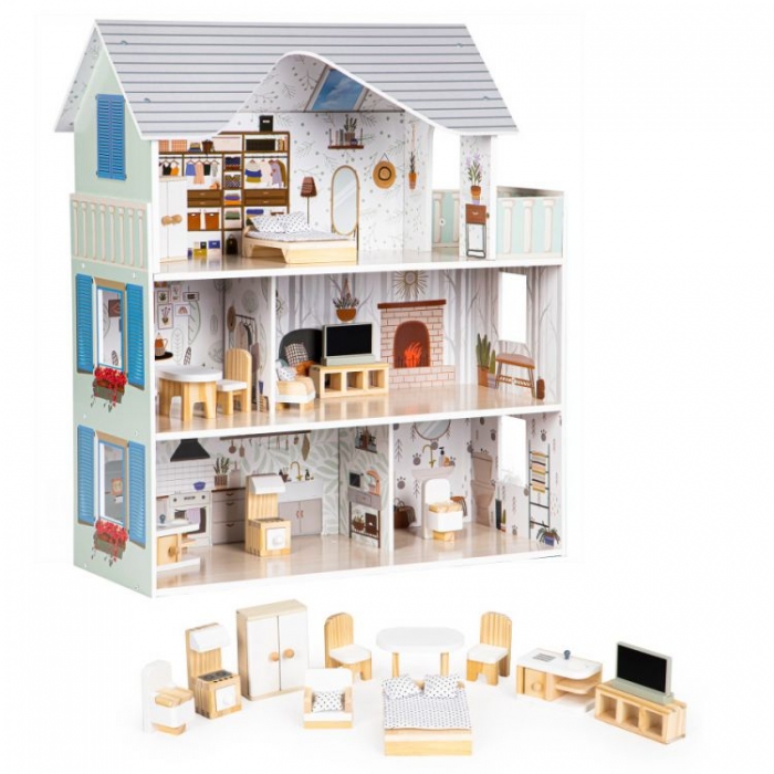 Casuta de papusi inalta din lemn cu mobilier, casuta lui Emma, Ecotoys 8301 [2]
