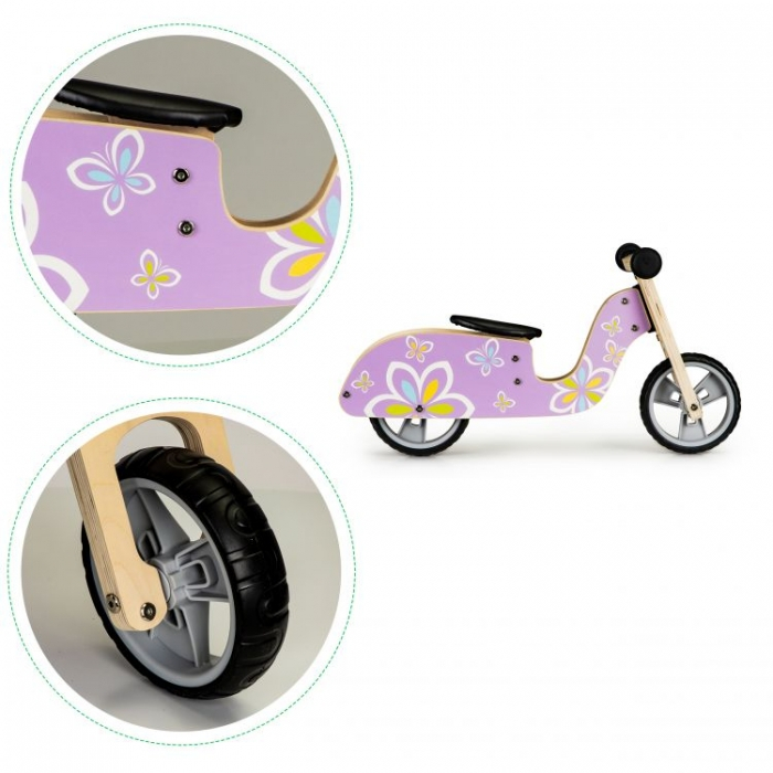 Bicicleta de echilibru din lemn cu roti EVA Ecotoys LC-V1330 - Violet cu fluturasi [2]