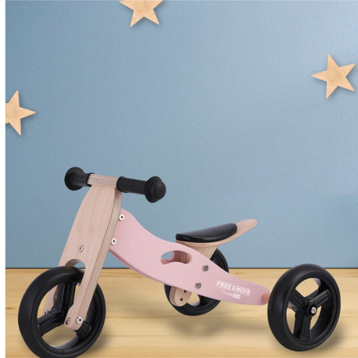 Bicicleta/tricicleta fara pedale, Free2Move, din lemn, 2 in 1, Functie de bicicleta echilibru, Scaun reglabil, Roti ajustabile, Manere antiderapante, Varsta 1-3 ani, Dusty Pink [5]