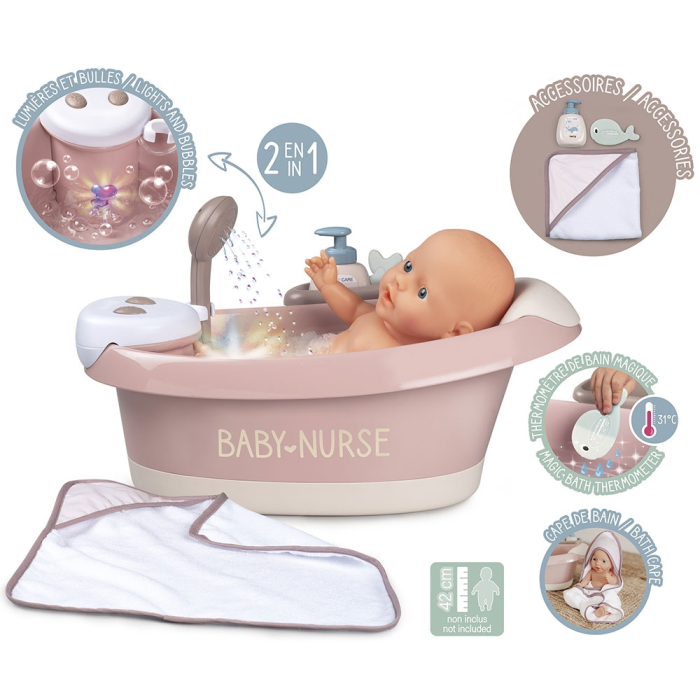 Cadita pentru papusa Smoby Baby Nurse Baleno Bath roz cu accesorii [3]