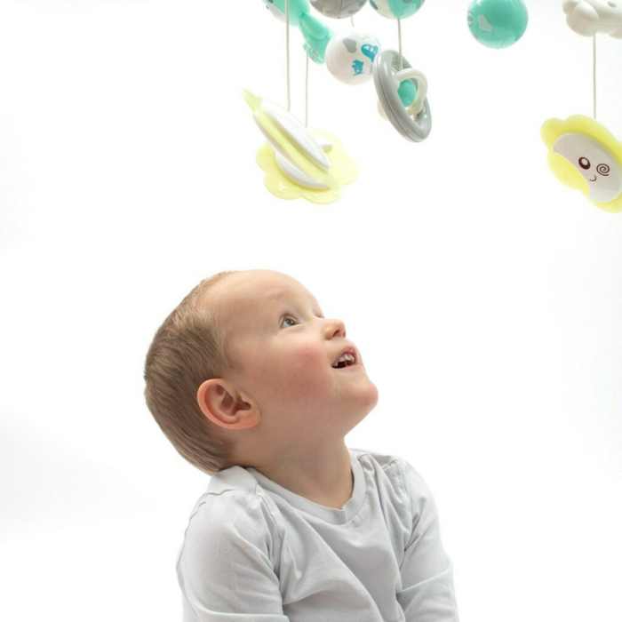 Carusel muzical, BabyMix, pentru patut bebelusi, cu proiectii, cu melodii si sunete ale naturii, cu 10 jucarii si ceas de jucarie pe suport, Mint [9]