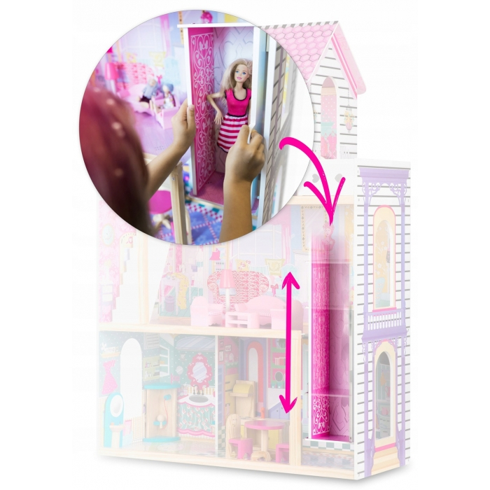 Casuta de papusi din lemn cu 3 etaje, lift si lampa LED Ricokids RC-829 [3]