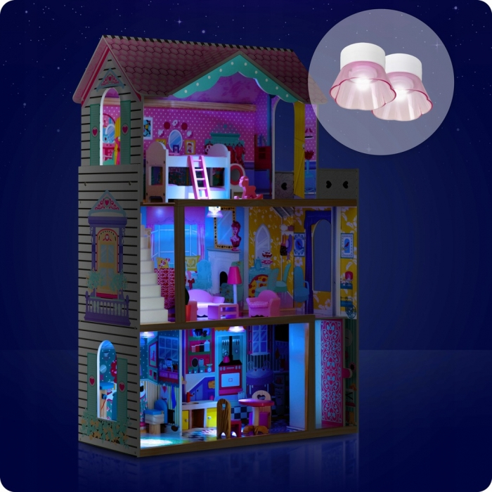 Casuta de papusi din lemn cu 3 etaje, lift si lampa LED Ricokids RC-829 [2]