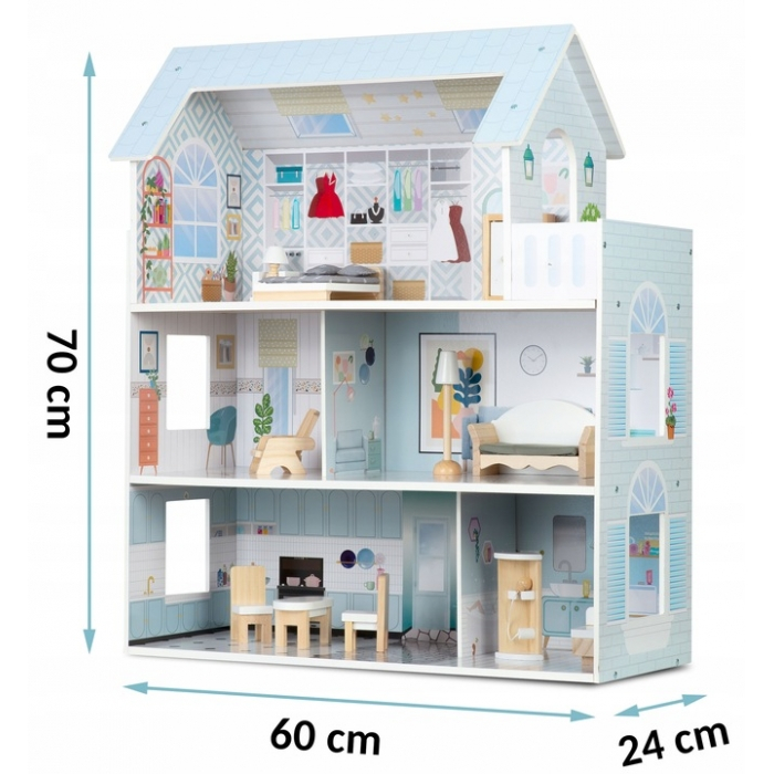 Casuta de papusi din lemn cu 3 etaje, mobilier inclus, 60 x 24 x 70 cm, Ricokids RK-878 - Albastru deschis [8]