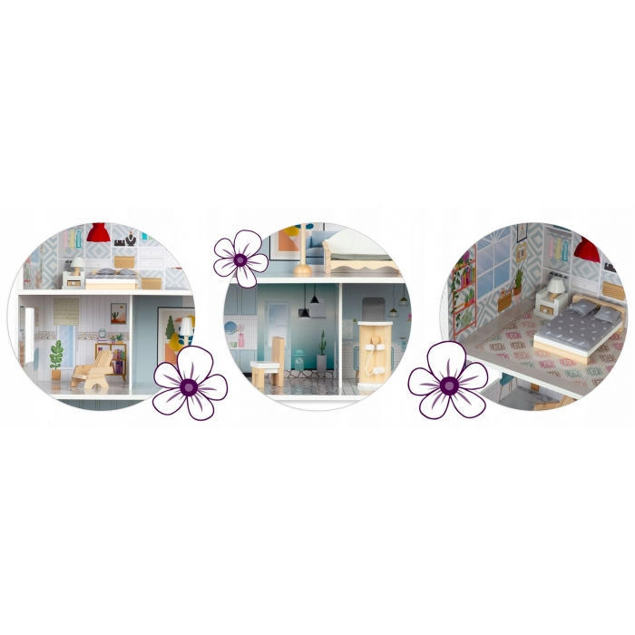 Casuta de papusi din lemn cu 3 etaje, mobilier inclus, 60 x 24 x 70 cm, Ricokids RK-878 - Albastru deschis [6]