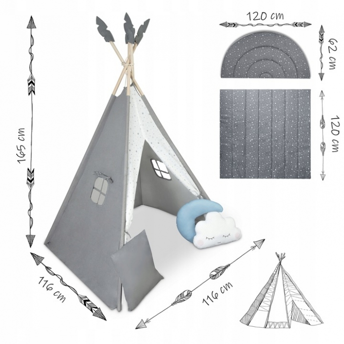 Cort de joaca pentru copii cu ghirlanda, salteluta si 3 pernite Nukido 116 x 116 x 165 cm - Gri [11]