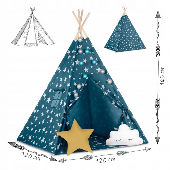 Cort de joaca pentru copii cu lumini si 2 pernite Nukido 120 x 120 x 165 cm - Bleumarin cu stelute  [7]