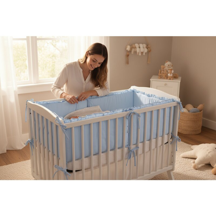 Lenjerie patut cu 3 piese, MimiNu, pentru patut 120x60 cm, cu volanase, cu protectie laterala, din bumbac, Colectia Royal, Blue [5]