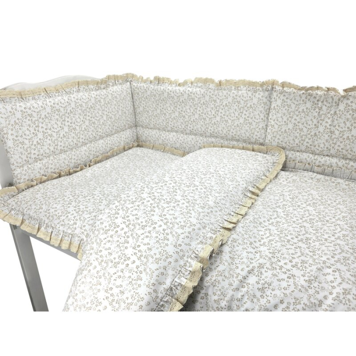 Lenjerie patut cu 3 piese, MimiNu, Premium, pentru patut 120x60 cm, cu protectie laterala, din bumbac, cu dantela si volan, Meadow [2]