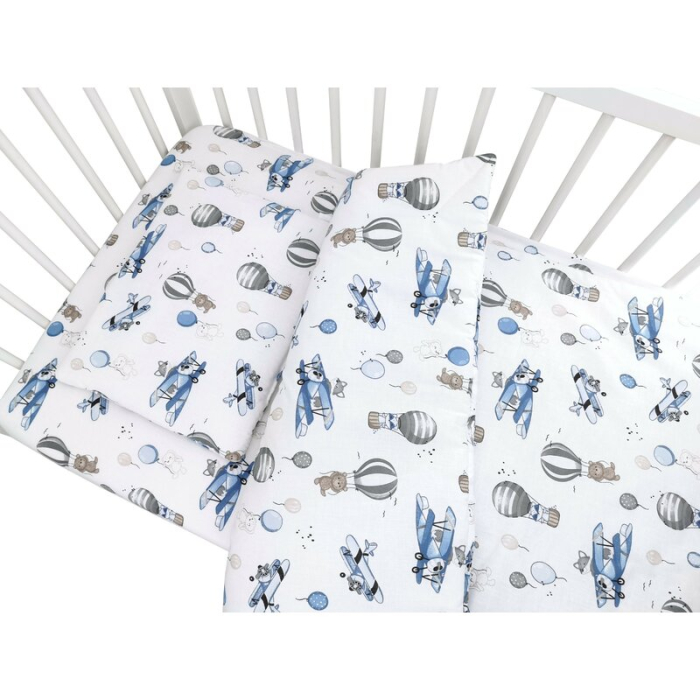 Lenjerie patut cu 5 piese, MimiNu, cu cearceaf 120x60 cm, Pilota, Pernuta, 2 aparatori, din bumbac, Blue Plane [3]