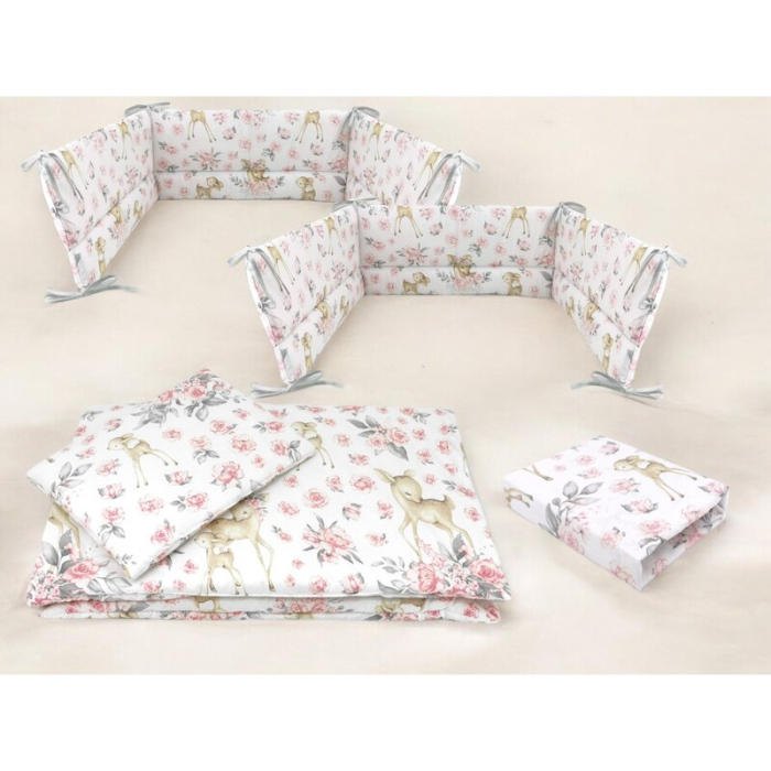 Lenjerie patut cu 5 piese, MimiNu, Cu cearceaf 120x60 cm, Pilota, Pernuta, 2 aparatori, Din bumbac certificat Oeko Tex Standard 100, Sweet Deer Pink [2]