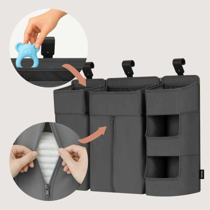 Organizator multifunctional, Lionelo, Sidepocket L, 58x11x58 cm, 3 parti independente cu multiple buzunare, Universal, Constructie ranforsata, Gri [13]
