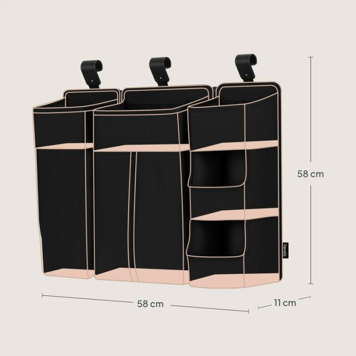 Organizator multifunctional, Lionelo, Sidepocket L, 58x11x58 cm, 3 parti independente cu multiple buzunare, Universal, Constructie ranforsata, Negru [19]