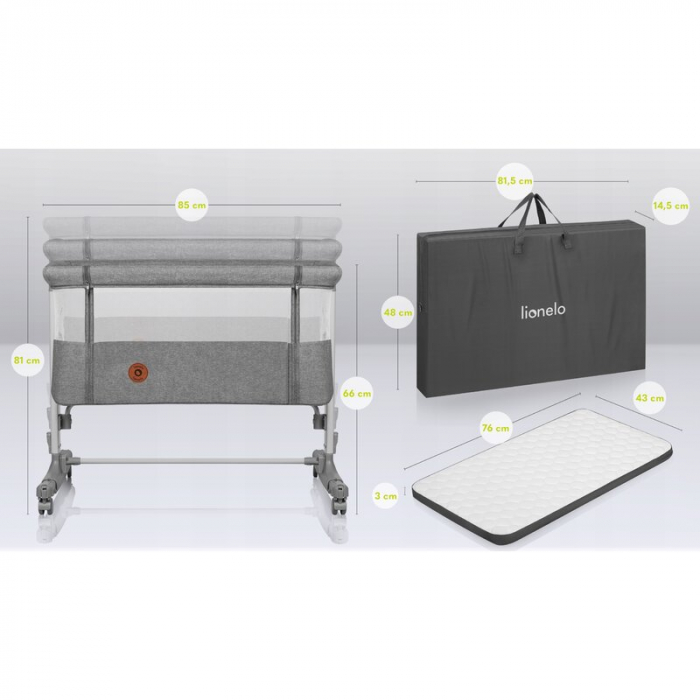 Patut co-sleeper Lionelo Aurora 3 in 1 cu leganare si setare unghiulara cu saltea cu densitate T25 si geanta transport [28]