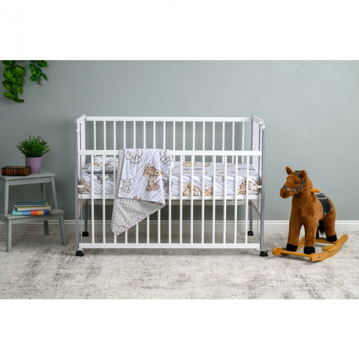 Patut din lemn bebe 120x60 cm cu laterala culisanta din lemn de pin si mdf Alb Qmini Maya [5]