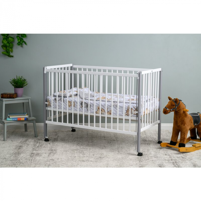 Patut din lemn bebe 120x60 cm cu laterala culisanta din lemn de pin si mdf Alb Qmini Maya [3]