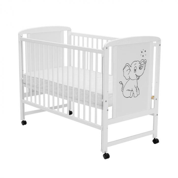 Patut din lemn bebe 120x60 cm cu laterala culisanta din lemn de pin si mdf Alb Qmini Timmi Elephant [5]