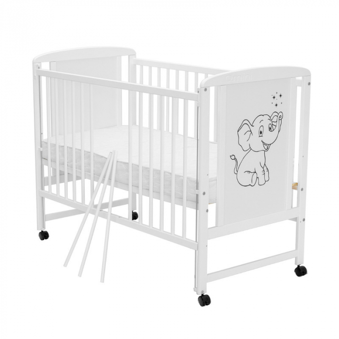 Patut din lemn bebe 120x60 cm cu laterala culisanta din lemn de pin si mdf Alb Qmini Timmi Elephant [7]