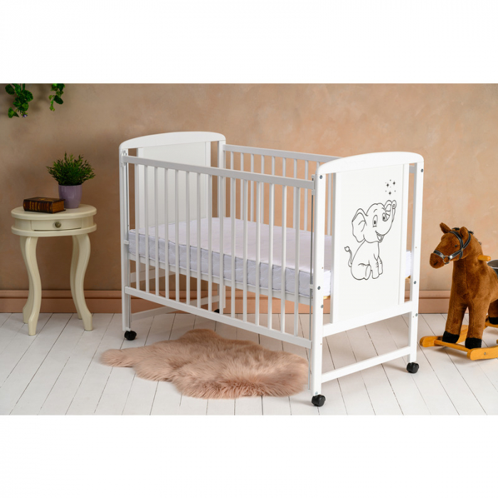 Patut din lemn bebe 120x60 cm cu laterala culisanta din lemn de pin si mdf Alb Qmini Timmi Elephant [3]