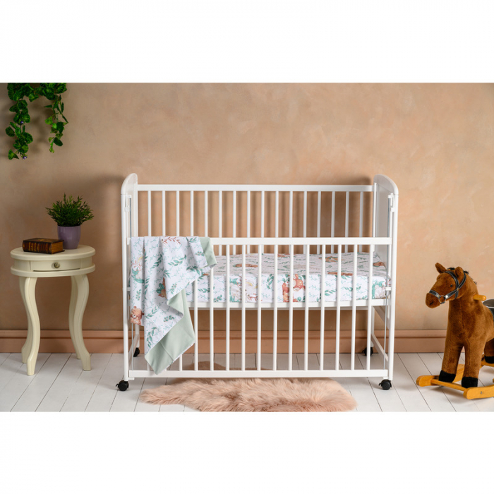 Patut din lemn bebe 120x60 cm cu laterala culisanta din lemn de pin si mdf Alb Qmini Timmi Elephant [2]