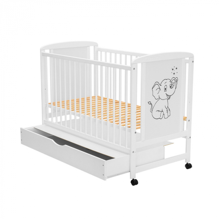 Patut din lemn bebe 120x60 cm cu sertar din lemn de pin si mdf Alb Qmini Timmi Elephant [9]