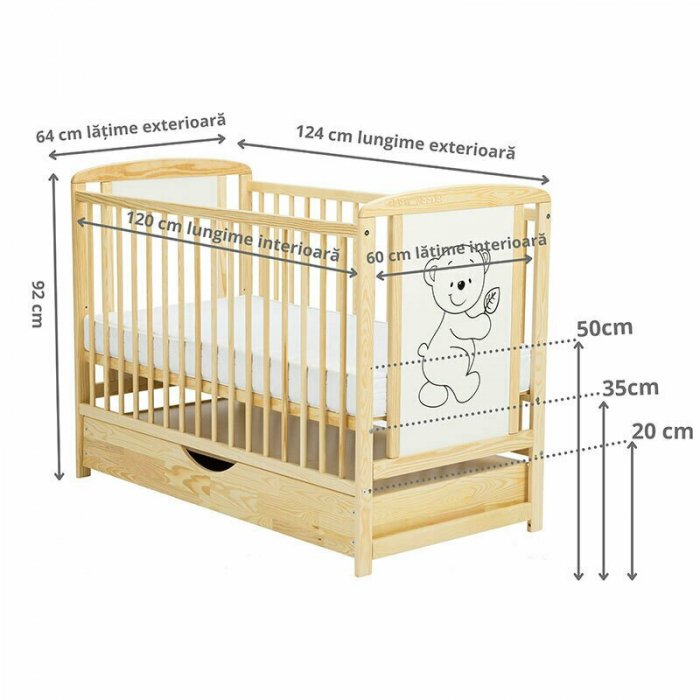 Patut din lemn Timmi 120x60 cm cu sertar Natur - BabyNeeds [3]