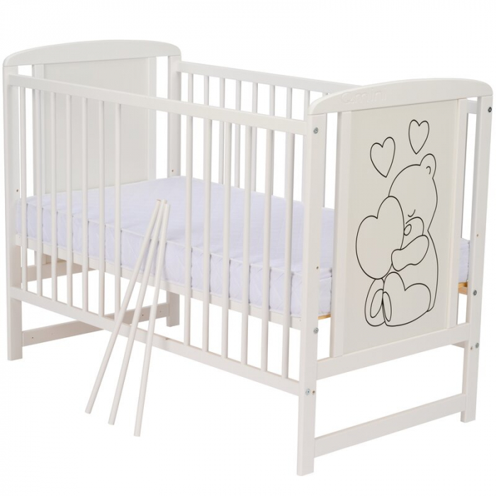 Patut din lemn Timmi Heart 120x60 cm, cu roti, din lemn de pin, MDF, Somiera reglabila, Alb - Qmini [7]